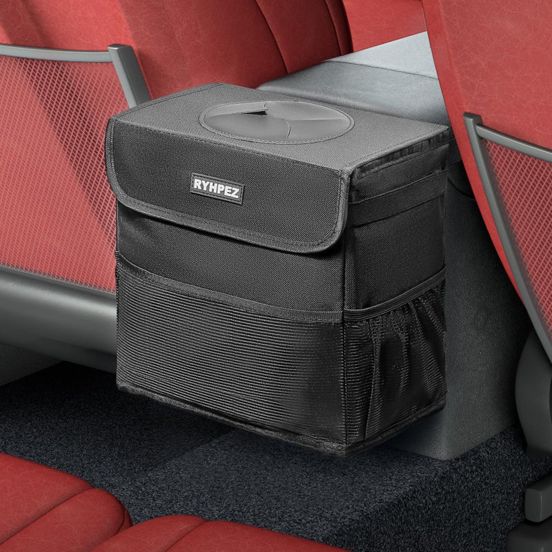 Ryhpez Car Trash Can with Lid - Car Trash Bag Hanging with Storage Pockets Collapsible and Portable Car Garbage Can with Metal Rack Support - Image 1